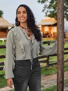 SHEIN VCAY Plus Ruffle Trim Tie Front Blouse - Army Green - View 5