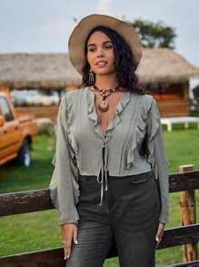 SHEIN VCAY Plus Ruffle Trim Tie Front Blouse - Army Green - View 4