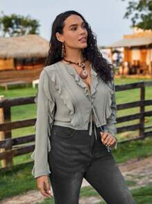 SHEIN VCAY Plus Ruffle Trim Tie Front Blouse - Army Green - View 3