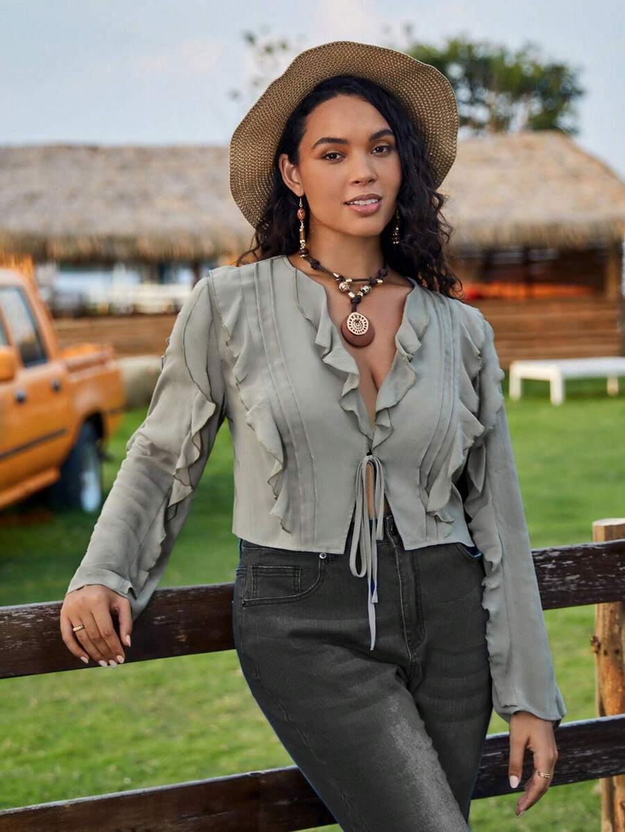 SHEIN VCAY Plus Ruffle Trim Tie Front Blouse - Army Green - View 1