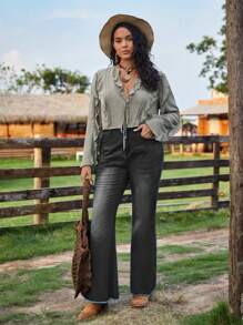 SHEIN VCAY Plus Ruffle Trim Tie Front Blouse - Army Green - View 7