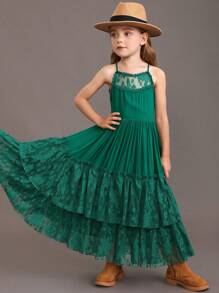 Tween Girl Christmas Party Dress With Flower Embellishments, Lace Detailing And Back Hollow Cut, Elegant Long Dress - Green - View 3