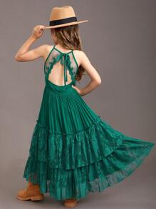 Tween Girl Christmas Party Dress With Flower Embellishments, Lace Detailing And Back Hollow Cut, Elegant Long Dress - Green - View 1