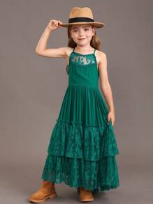 Tween Girl Christmas Party Dress With Flower Embellishments, Lace Detailing And Back Hollow Cut, Elegant Long Dress - Green - View 4