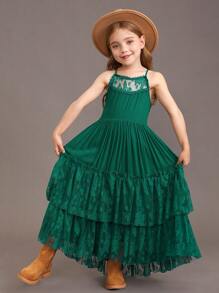 Tween Girl Christmas Party Dress With Flower Embellishments, Lace Detailing And Back Hollow Cut, Elegant Long Dress - Green - View 6