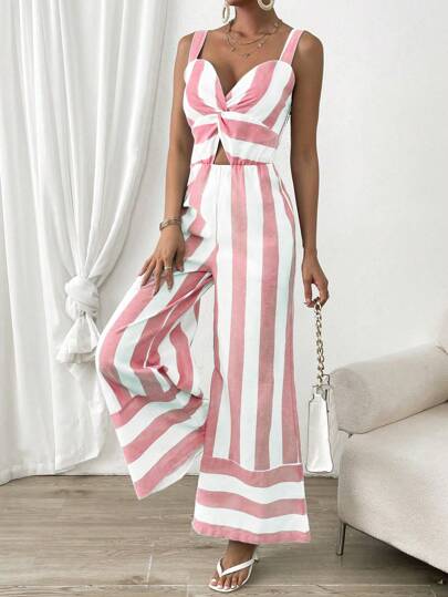 SHEIN Privé 條紋印花前扭結闊腿吊帶連體褲