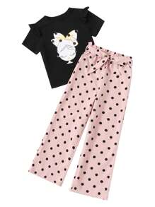 SHEIN 女孩人像圖案荷葉邊細節上衣和波卡圓點闊腿褲套裝