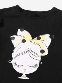 SHEIN 女孩人像圖案荷葉邊細節上衣和波卡圓點闊腿褲套裝