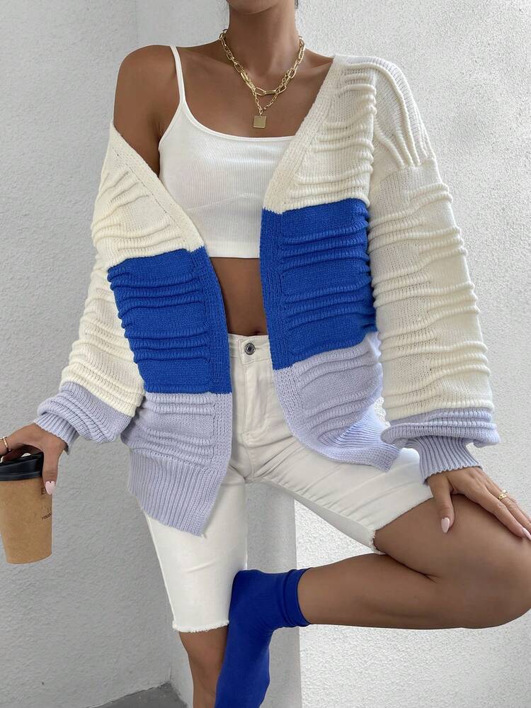 Color Block Drop Shoulder Duster Cardigan Fall Cloth For Women
