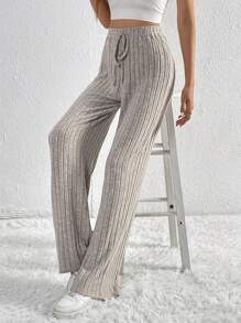 SHEIN Tall Tie Waist Ribbed Knit Pants - Apricot - View 4