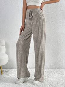 SHEIN Tall Tie Waist Ribbed Knit Pants - Apricot - View 3
