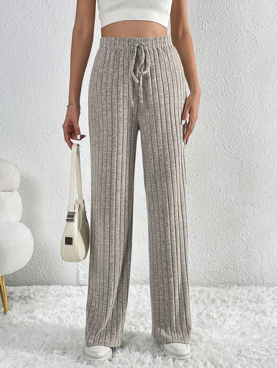 SHEIN Tall Tie Waist Ribbed Knit Pants - Apricot - View 1