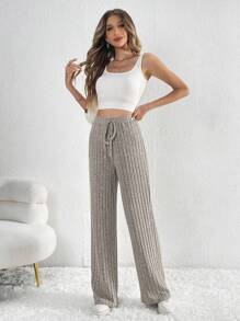 SHEIN Tall Tie Waist Ribbed Knit Pants - Apricot - View 6