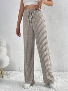 SHEIN Tall Tie Waist Ribbed Knit Pants - Apricot - View 7