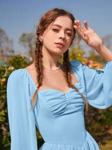 SHEIN MOD Folds Blue DressSweetheart Neck Lantern Sleeve Milkmaid Dress - Baby Blue - View 4