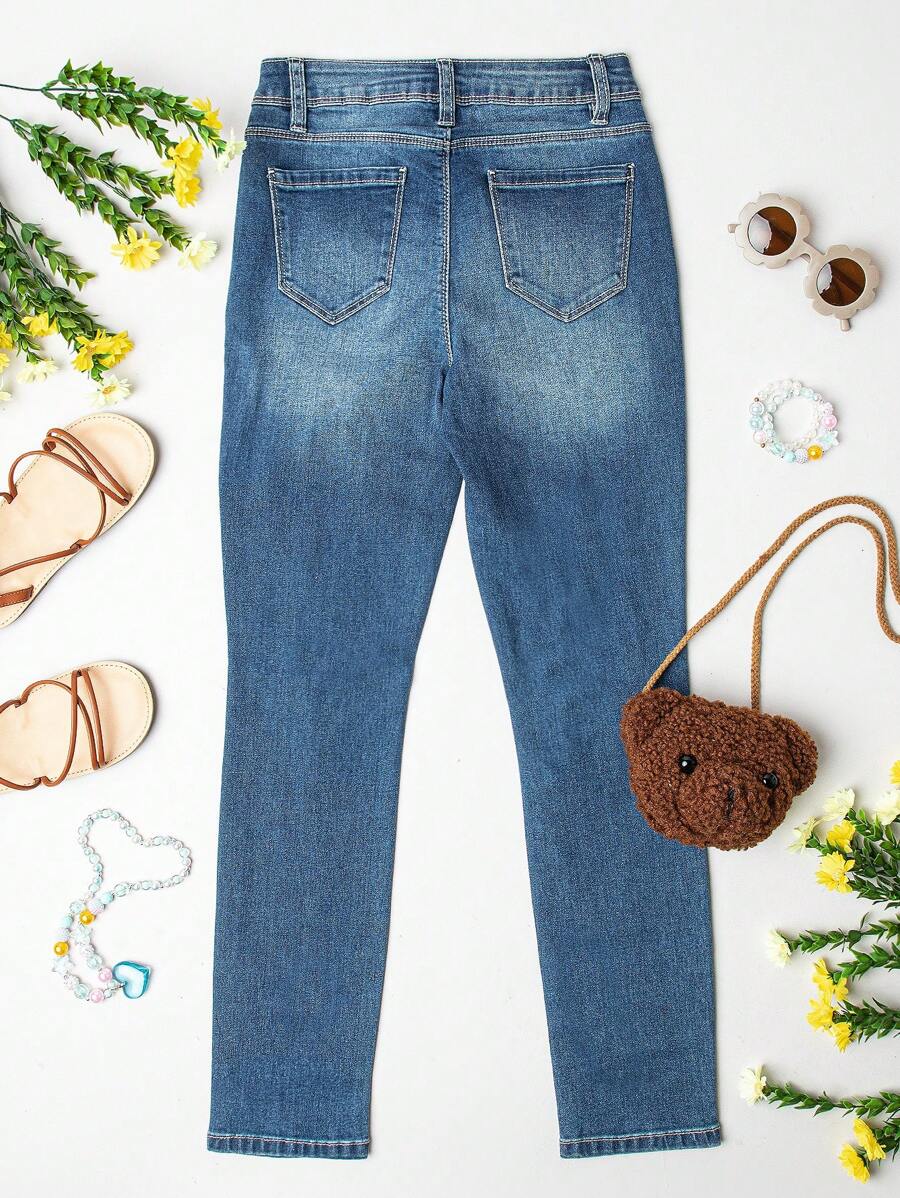 Tween Girl Button Fly Ripped Jeans | SHEIN USA