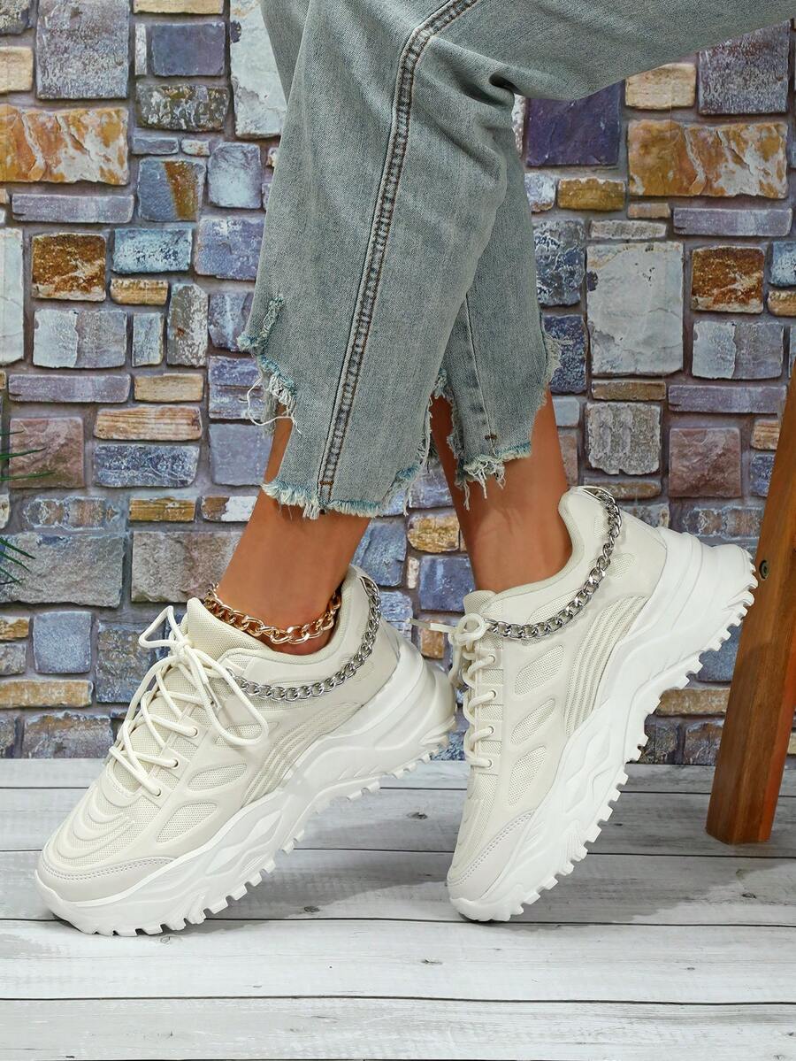 淺褐色的時髦復古透氣多用途老爹鞋適合男人及女人 - 米色 - 查看 1