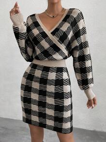 Selianne Buffalo Plaid Pattern Surplice Neck Sweater Dress Without Belt Fall Winter Cloth For Women - Multicolor - View 3