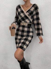 Selianne Buffalo Plaid Pattern Surplice Neck Sweater Dress Without Belt Fall Winter Cloth For Women - Multicolor - View 4