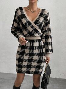 Selianne Buffalo Plaid Pattern Surplice Neck Sweater Dress Without Belt Fall Winter Cloth For Women - Multicolor - View 5