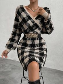 Selianne Buffalo Plaid Pattern Surplice Neck Sweater Dress Without Belt Fall Winter Cloth For Women - Multicolor - View 6