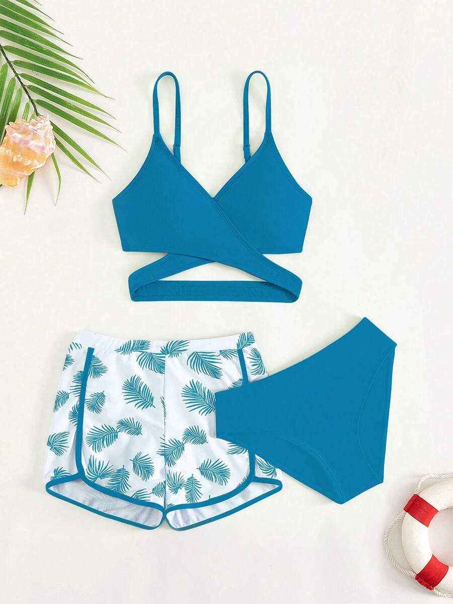 Teen Girls Tropical Print Wrap Bikini Set With Beach Shorts Summer Beach - Teal Blue - View 1