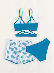 Teen Girls Tropical Print Wrap Bikini Set With Beach Shorts Summer Beach - Teal Blue - View 2
