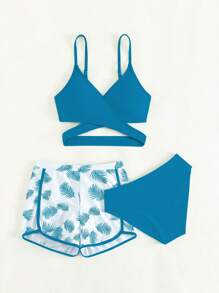 Teen Girls Tropical Print Wrap Bikini Set With Beach Shorts Summer Beach - Teal Blue - View 5