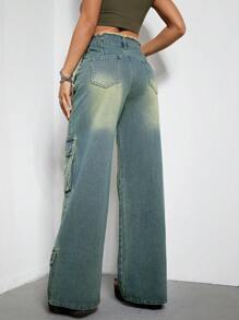 SHEIN ICON 翻蓋口袋毛邊緣工裝牛仔褲 - 中等水洗藍 - 查看 2