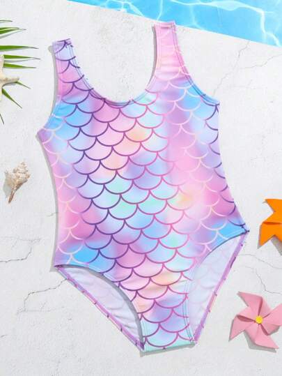 小女孩鱼鳞印花连体泳衣美人鱼泳衣儿童女童泳衣