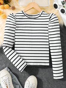 SHEIN Cô gái Tween In sọc Ống tay áo Áo thun - Đen và trắng - Xem 1