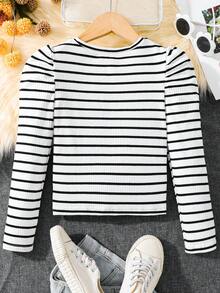 SHEIN Cô gái Tween In sọc Ống tay áo Áo thun - Đen và trắng - Xem 2