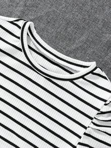 SHEIN Cô gái Tween In sọc Ống tay áo Áo thun - Đen và trắng - Xem 3