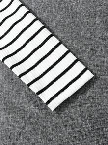 SHEIN Cô gái Tween In sọc Ống tay áo Áo thun - Đen và trắng - Xem 4