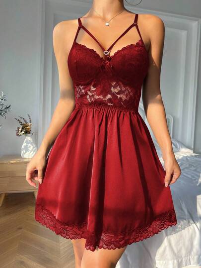 SilkySpell 对比色蕾丝缎面吊带睡衣