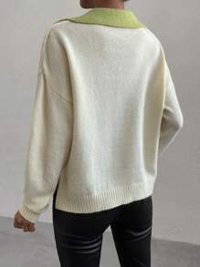 prairielle prairielle Contrast Trim Drop Shoulder Cable Knit Sweater,Long Sleeve Tops Knit Pullover Fall Winter Sweater - Apricot - View 2
