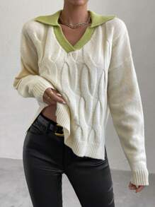 prairielle prairielle Contrast Trim Drop Shoulder Cable Knit Sweater,Long Sleeve Tops Knit Pullover Fall Winter Sweater - Apricot - View 3