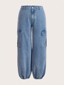 SHEIN BAE Plus Flap Pocket Side Cargo Jeans - Light Wash - View 1