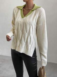 prairielle prairielle Contrast Trim Drop Shoulder Cable Knit Sweater,Long Sleeve Tops Knit Pullover Fall Winter Sweater - Apricot - View 4