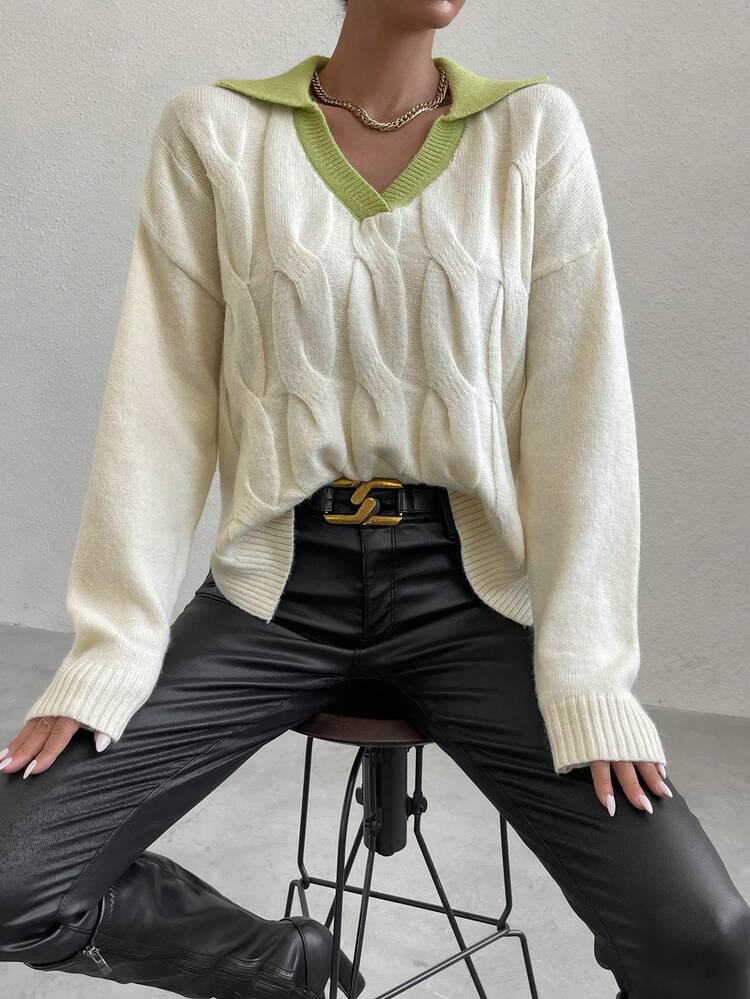 Contrast Trim Drop Shoulder Cable Knit Sweater,Long Sleeve Tops Knit Pullover Fall Winter Sweater