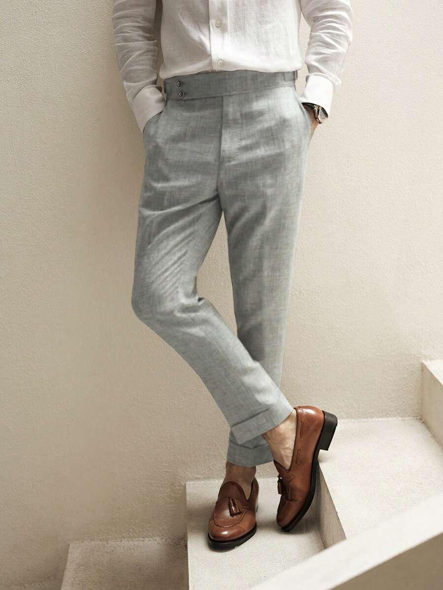 Calvornis Men Slant Pocket Cropped Suit Pants - Light Grey - View 1