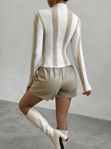 Celisse Two Tone Mock Neck Ribbed Knit Pullover Fall Winter Sweater - White - View 2