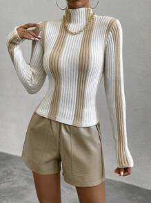 Celisse Two Tone Mock Neck Ribbed Knit Pullover Fall Winter Sweater - White - View 3
