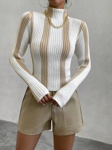 Celisse Two Tone Mock Neck Ribbed Knit Pullover Fall Winter Sweater - White - View 5
