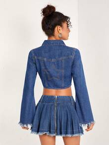 MARIAN BEN 1入組拉鏈開襟毛邊短款牛仔夾克 - 中等水洗藍 - 查看 2