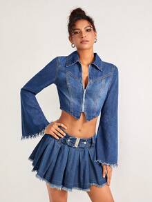 MARIAN BEN 1入組拉鏈開襟毛邊短款牛仔夾克 - 中等水洗藍 - 查看 4