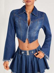 MARIAN BEN 1入組拉鏈開襟毛邊短款牛仔夾克 - 中等水洗藍 - 查看 6