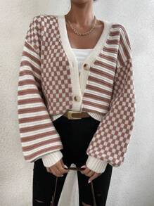 Chiquease Checker Pattern Drop Shoulder Cardigan,Long Sleeve Tops - Multicolor - View 1