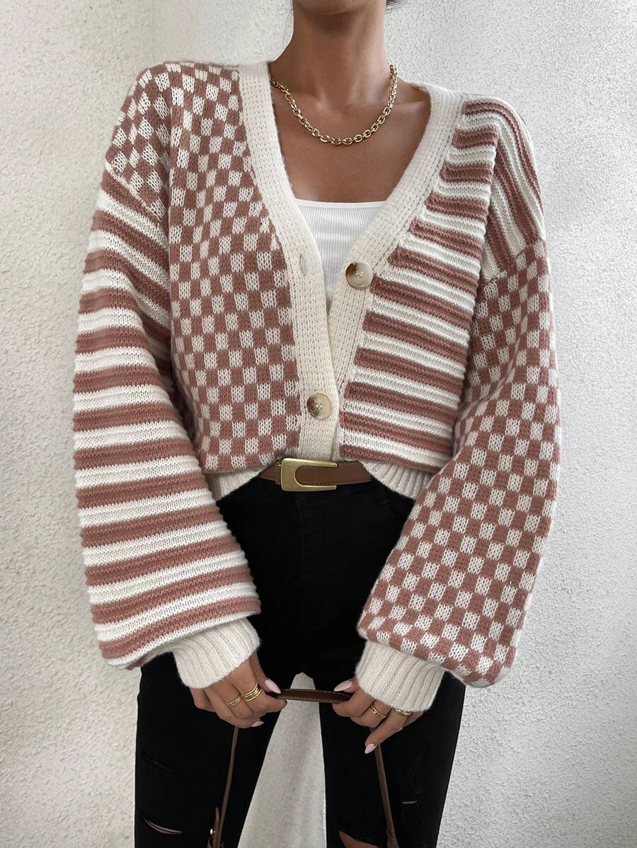 Chiquease Checker Pattern Drop Shoulder Cardigan,Long Sleeve Tops - Multicolor - View 1