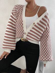 Chiquease Checker Pattern Drop Shoulder Cardigan,Long Sleeve Tops - Multicolor - View 3